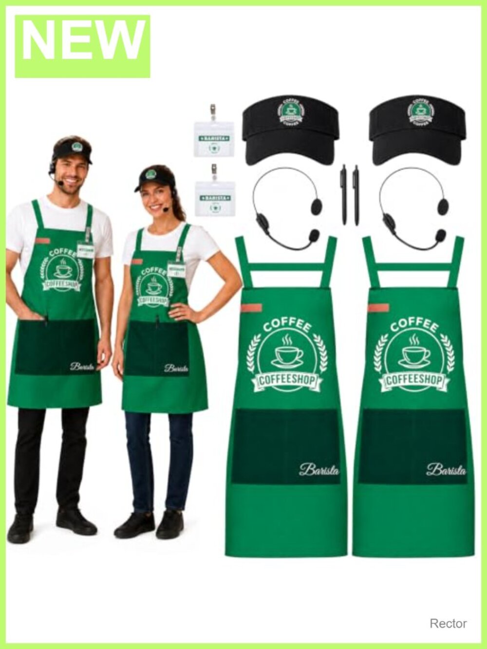 Adult Couple Barista Costume Set 2 Aprons Visors Name Tags Headset Pens
